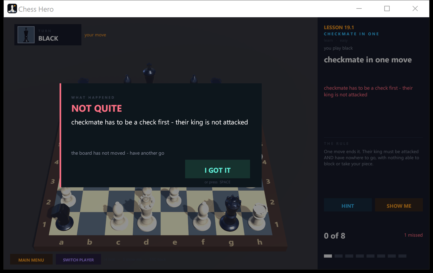 Chess Hero 3D - Drills on a real 3D board you drag pieces around