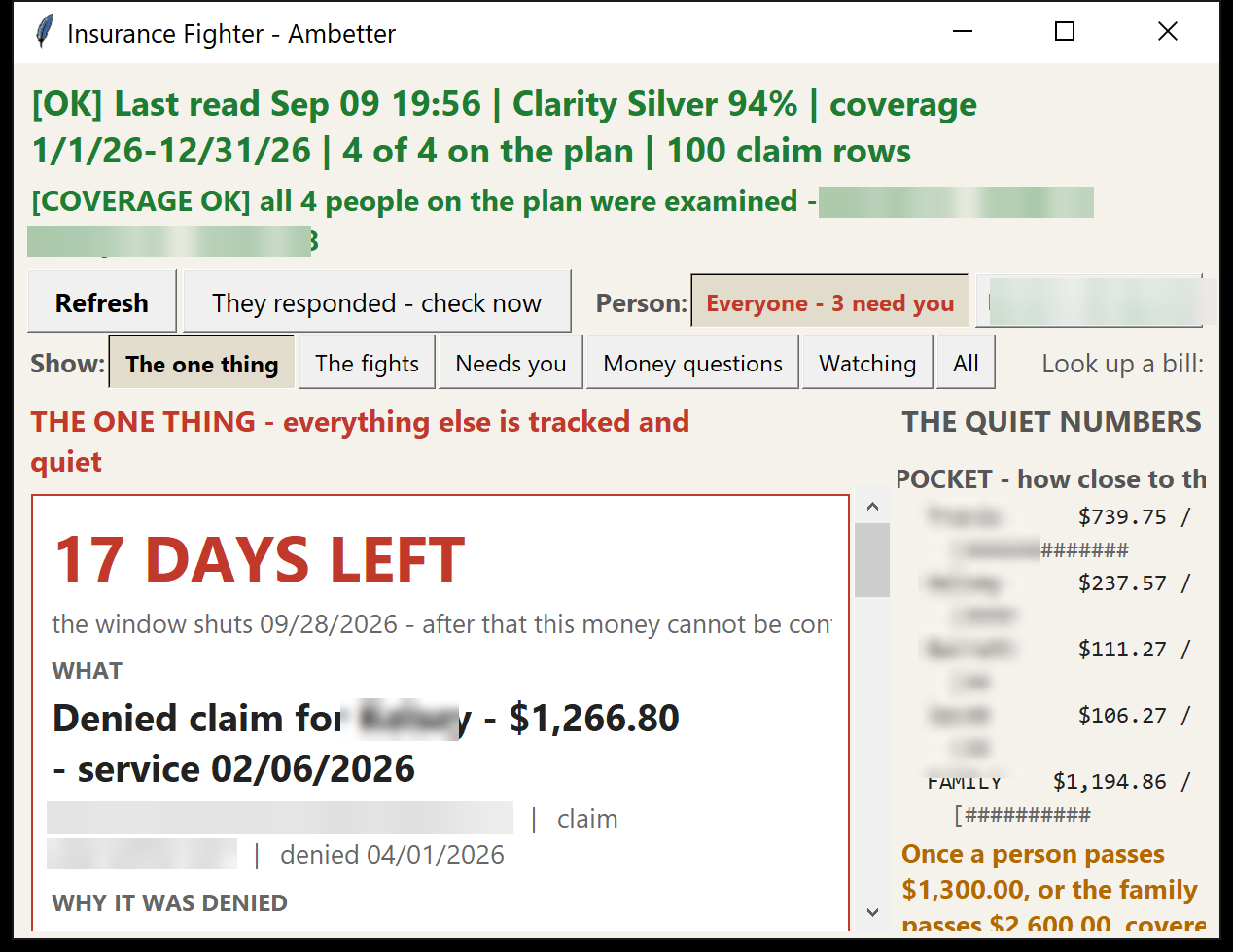 Insurance Fighter THE ONE THING view with a filing deadline countdown