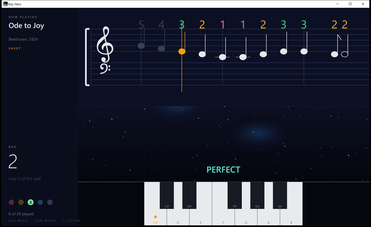 Key Hero falling notes on a grand piano keyboard